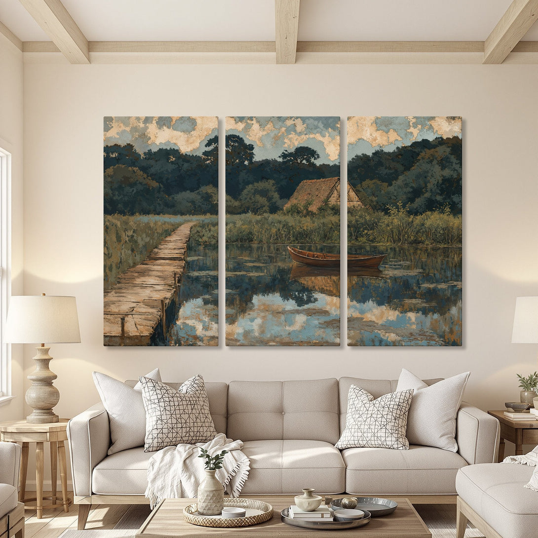 Canvas Print of a serene landscape painting with a lake, boat, and wooden dock. Features a muted blue, green, and brown color palette. Perfect wall art.