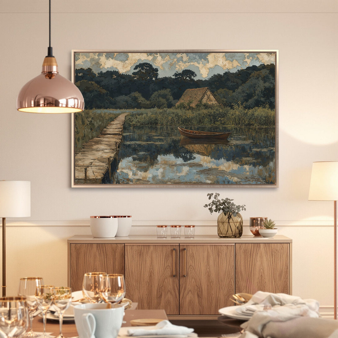 Framed Wall Art: Tranquil lake scene canvas print in muted blues & greens. Perfect for adding a touch of serenity to your home decor.