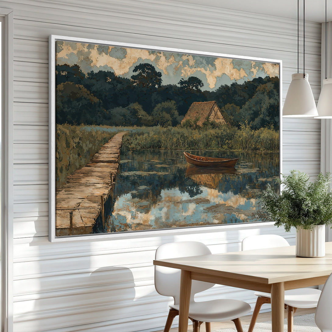 Framed Wall Art: Tranquil lake scene Canvas Print with a rustic aesthetic. Earthy tones of green, brown, and blue create a calming atmosphere for any room.