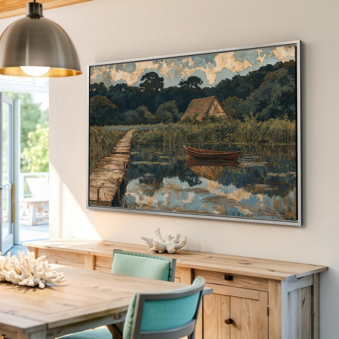 Framed Wall Art: Serene landscape Canvas Print featuring a boat on a lake, with a tranquil blue, green, and gold color palette. Perfect for adding a touch of nature.