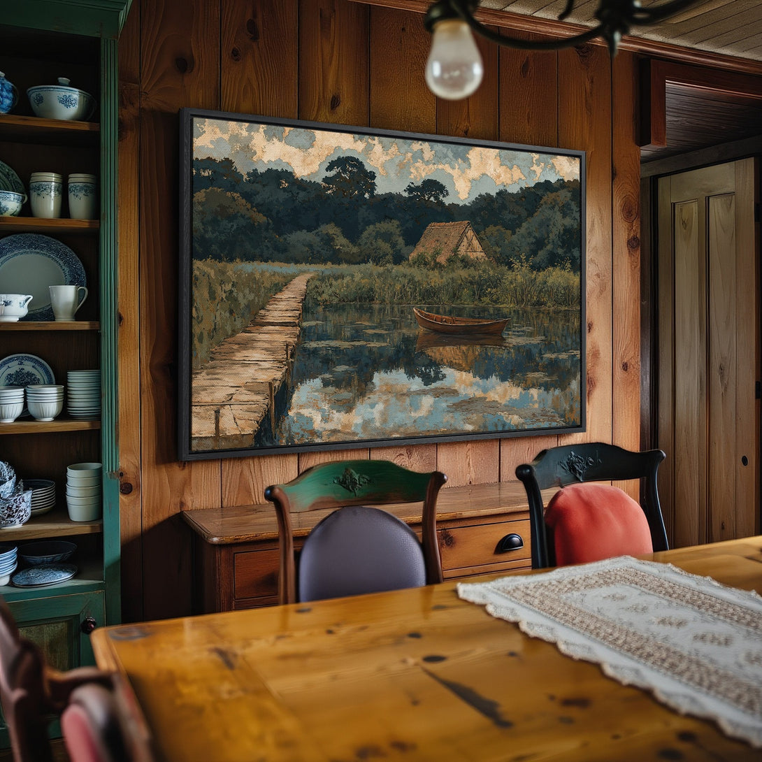 Framed Wall Art: Serene landscape Canvas Print with a rustic cabin and lake. Earthy tones of green, blue, and gold add a touch of tranquility to any space.