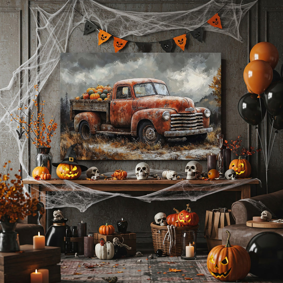 Framed Wall Art: Rustic truck overflowing with pumpkins, perfect for fall decor. Warm orange and brown tones create a cozy, seasonal vibe. Shop now!