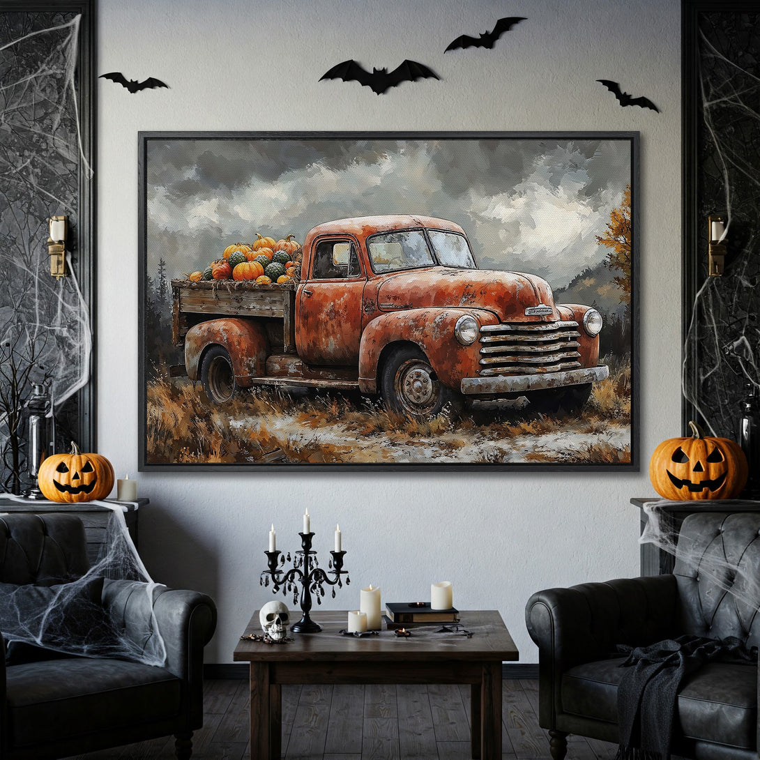 Framed Wall Art: Vintage truck filled with pumpkins, autumn colors. Rustic style Canvas Print perfect for fall decor.