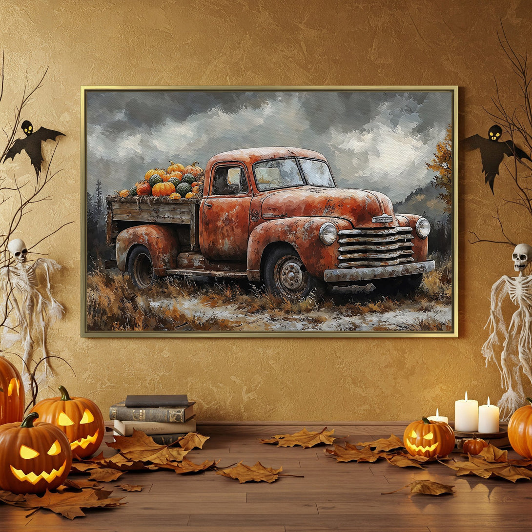 Canvas Print of a vintage truck with pumpkins, displayed in a Halloween-themed interior. Rustic style with orange, brown, and gray tones. Perfect fall decor!