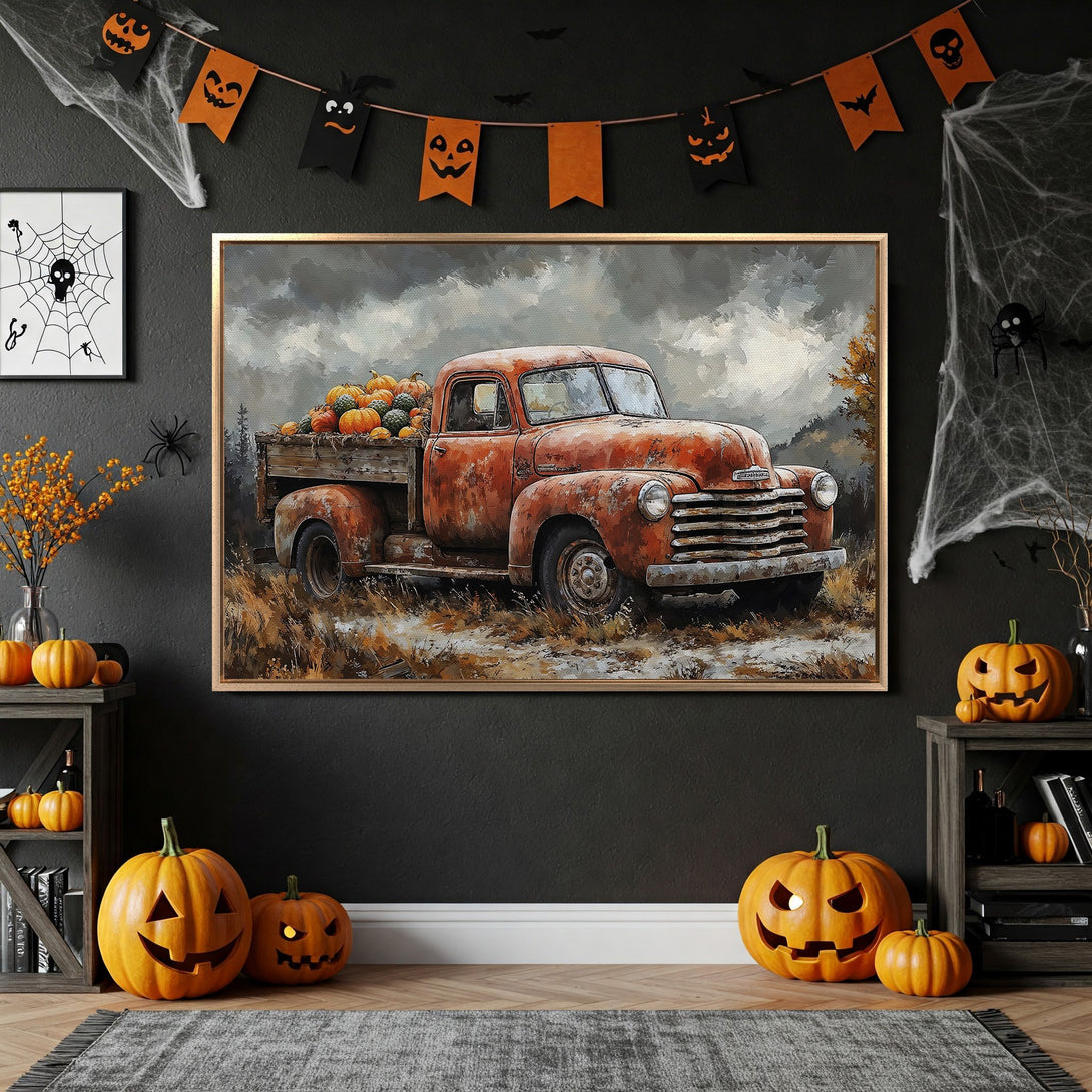 Framed Wall Art: Rustic red truck overflowing with pumpkins, displayed in a Halloween-themed interior. Warm orange & brown color palette, perfect autumn decor.