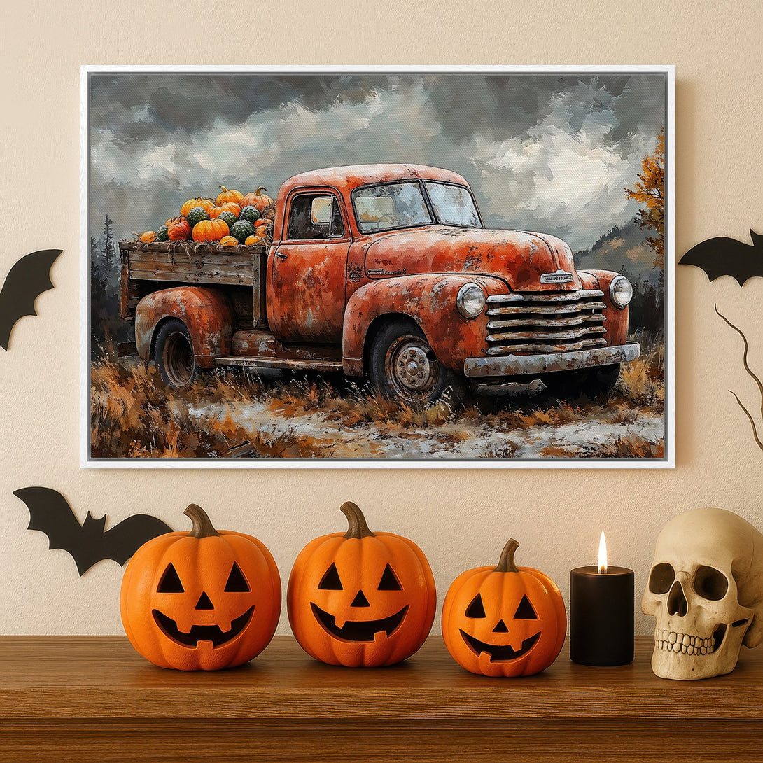 Framed Wall Art: Rustic orange truck filled with pumpkins. Autumnal artwork in a warm, earthy color palette. Perfect Halloween decor for your home.