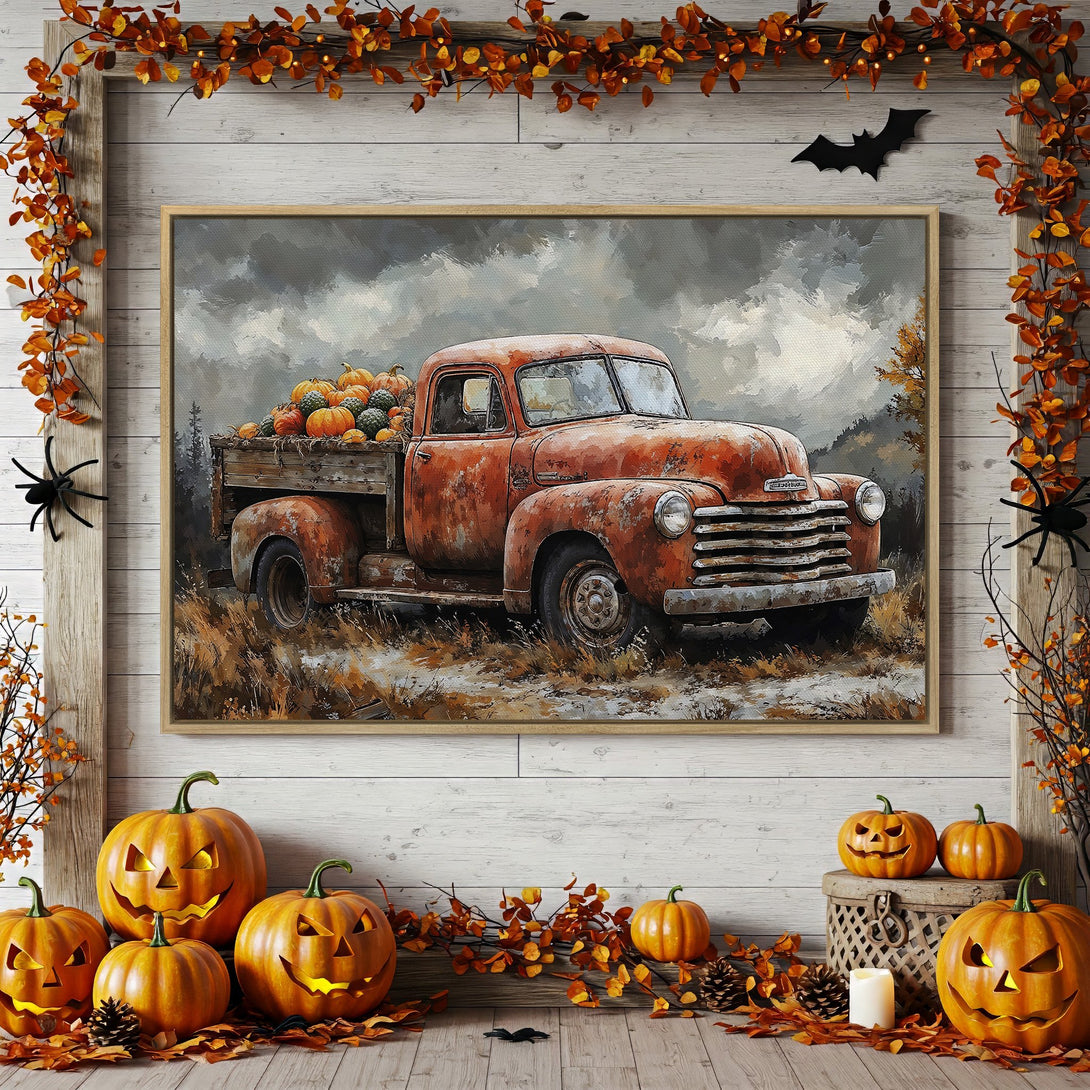 Framed Wall Art: Vintage truck with pumpkins, fall colors. Rustic canvas print for autumn decor. Warm orange, brown, and gray palette. Perfect for Halloween.