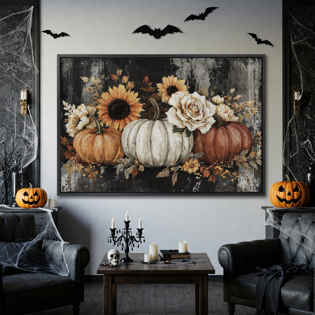 Framed Wall Art: Rustic Halloween pumpkin and floral art print in warm tones. Perfect fall decor for your home.
