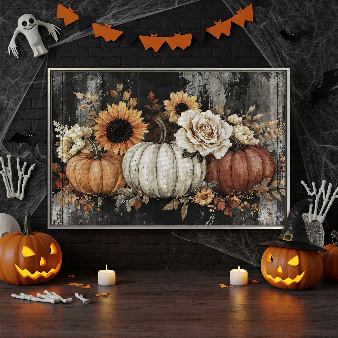 Framed Wall Art: Rustic autumn pumpkins & florals. Warm orange, cream, and brown tones. Perfect Halloween decor!