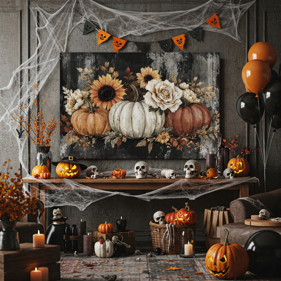 Framed Wall Art featuring a fall floral arrangement with pumpkins & sunflowers. Rustic style, warm color palette. Perfect Halloween decor!