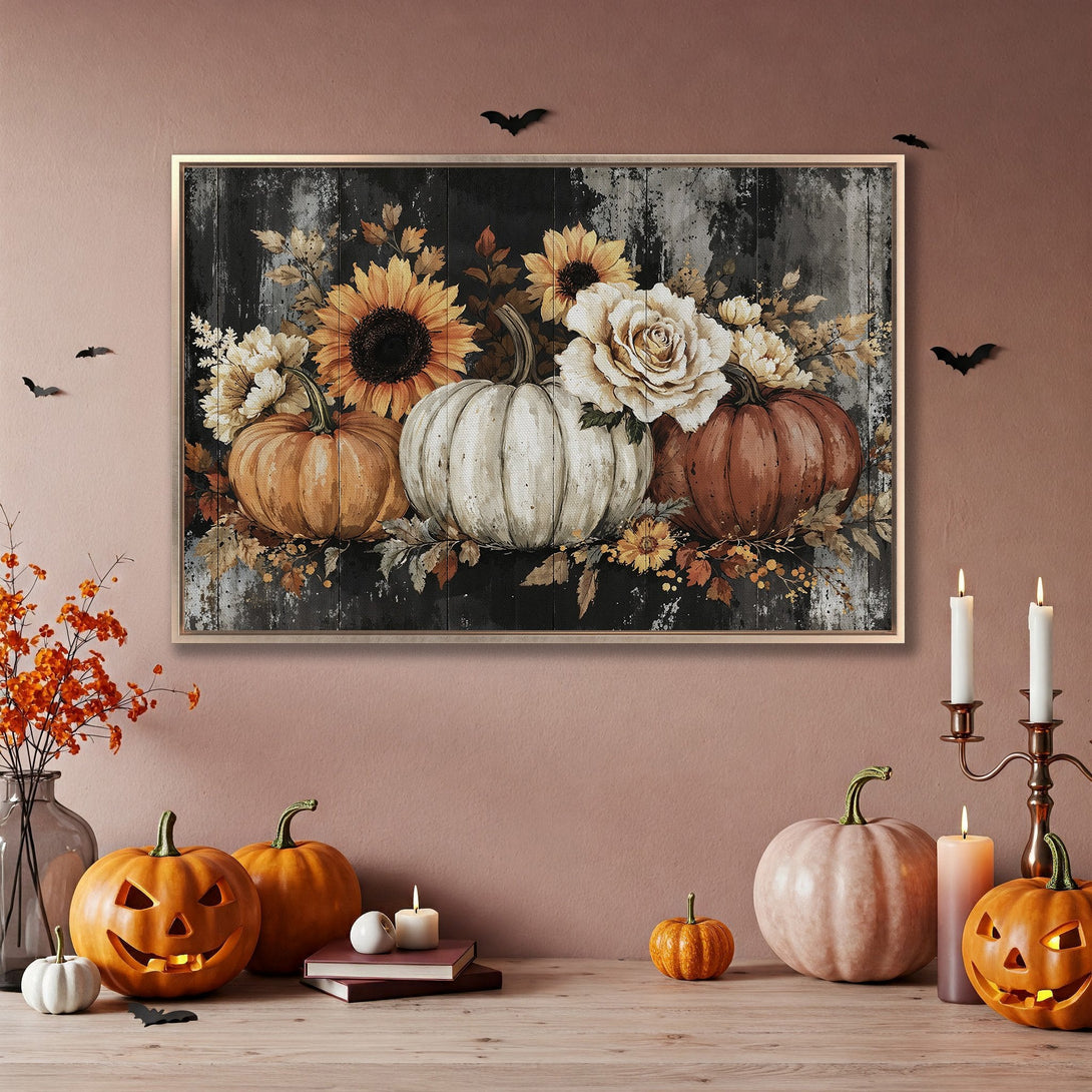 Framed Wall Art featuring pumpkins and sunflowers in a rustic style, with a warm, autumnal color palette. Perfect for Halloween decor!