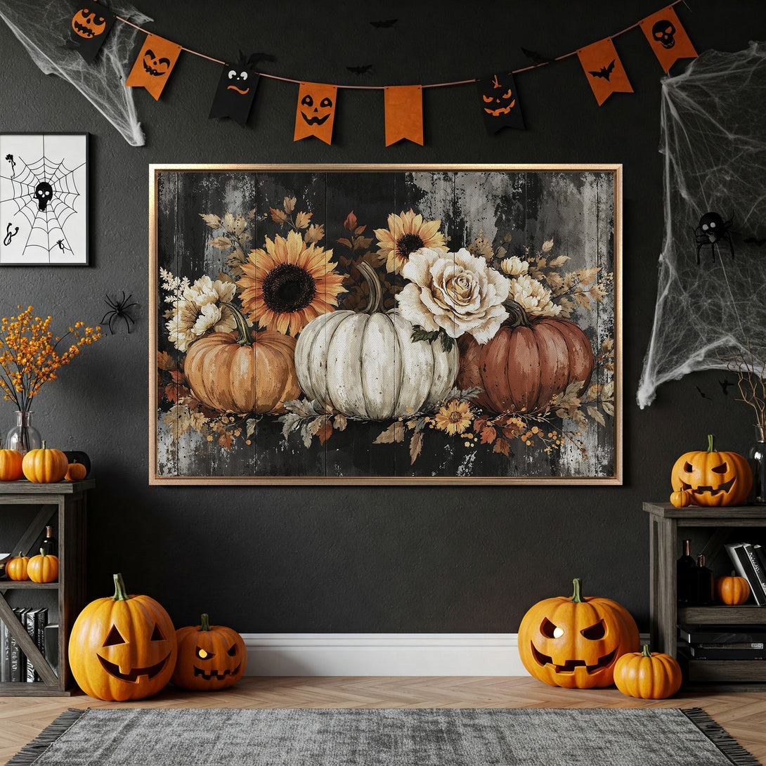 Framed Wall Art: Rustic pumpkin and floral art in warm autumn tones. Perfect Halloween decor! Enhance your space with this stylish canvas print.