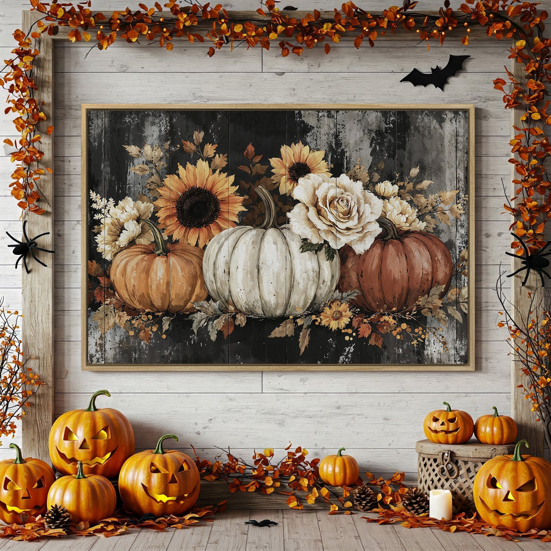 Framed Wall Art: Rustic fall pumpkins & flowers canvas print in warm orange, cream, and brown tones, perfect for autumn decor.
