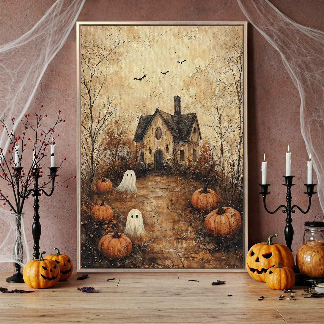 Framed Wall Art: Spooky Halloween scene with haunted house, pumpkins, and ghosts in warm, earthy tones. Perfect fall decor!