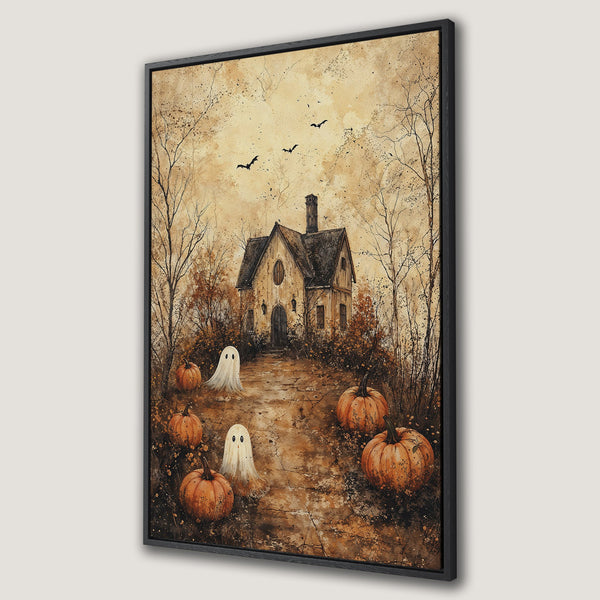Framed Wall Art: Spooky Halloween scene with haunted house, pumpkins, and ghosts. Rustic, watercolor style with warm, earthy tones. Perfect fall decor.
