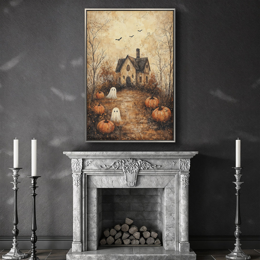 Framed Wall Art: Spooky Halloween scene with house, ghosts, and pumpkins. Warm, autumnal color palette. Perfect for fall decor!