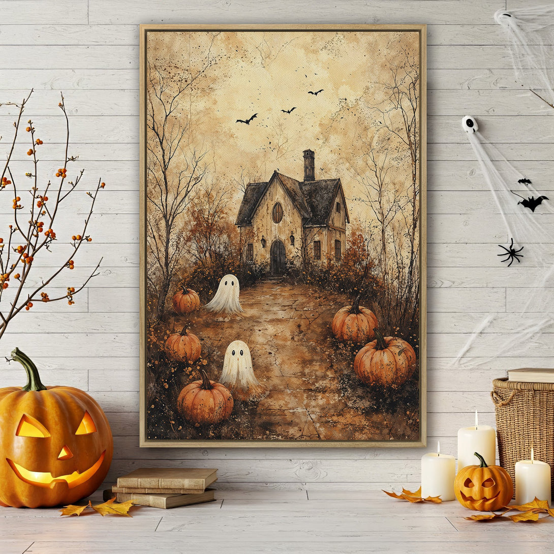 Framed Wall Art: Spooky Halloween scene with a haunted house, pumpkins, and ghosts in warm autumnal tones. Perfect for fall decor!