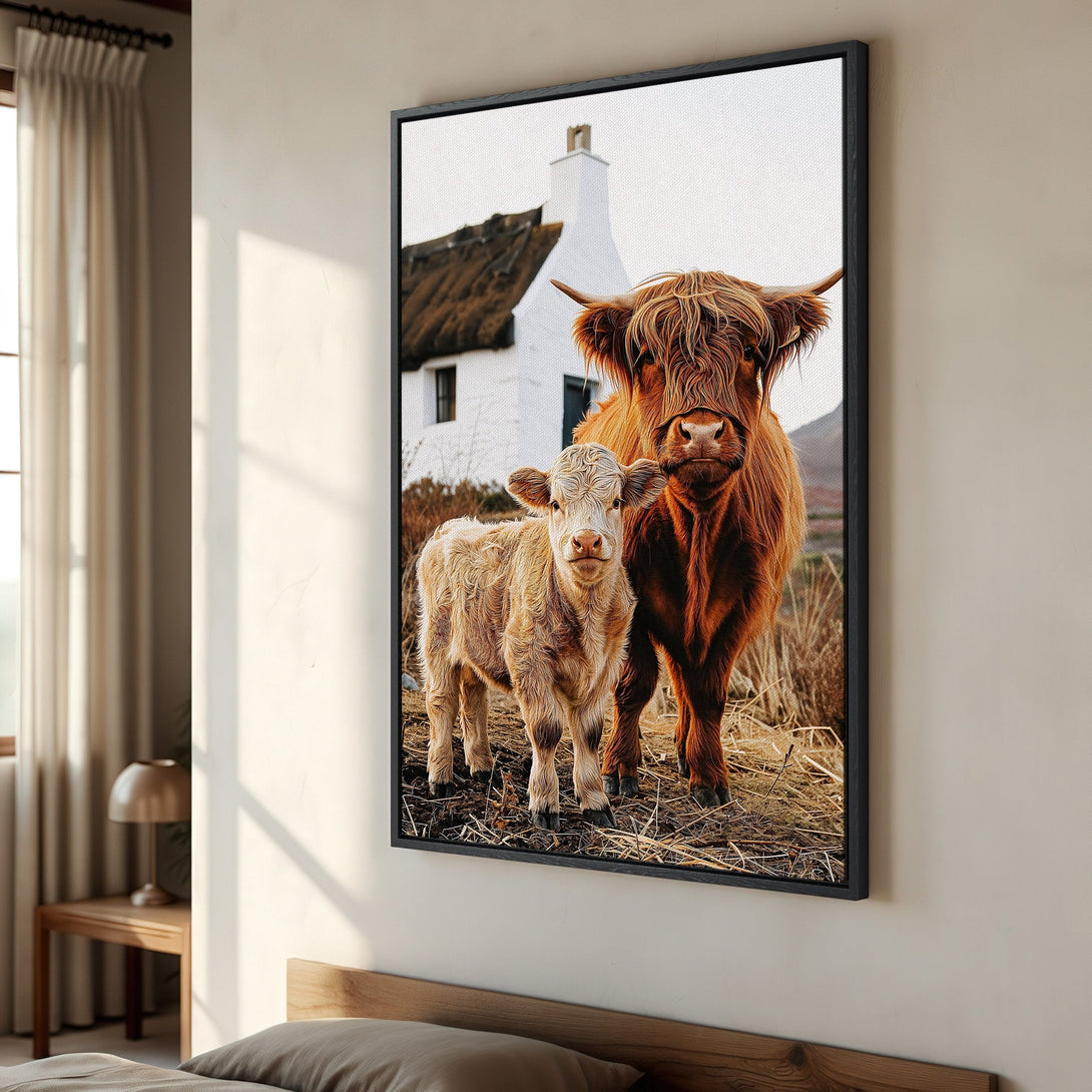Framed Wall Art: Highland cows in a rustic landscape, warm brown tones. Bring the beauty of nature to your home!
