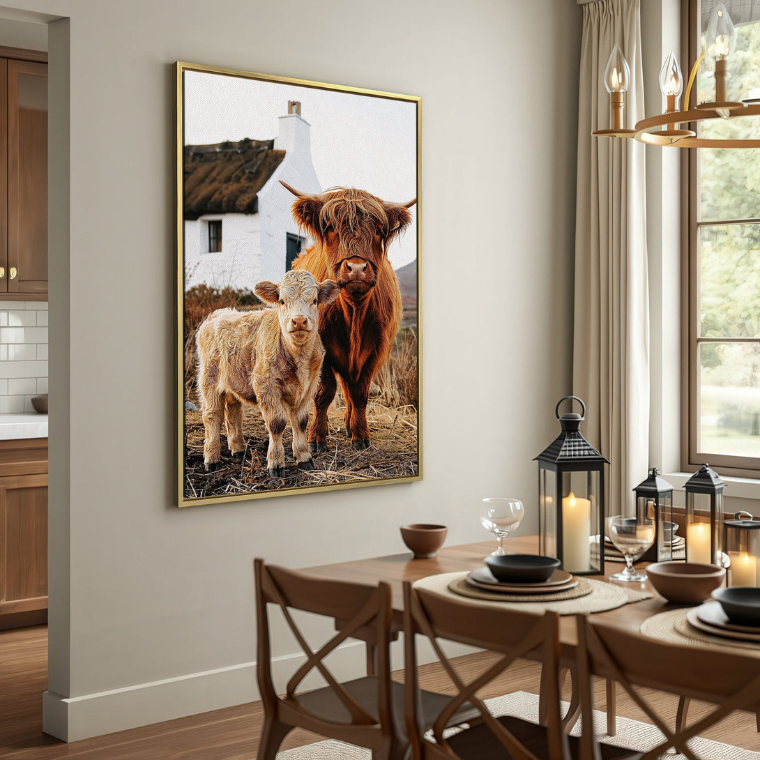 Canvas Print of Highland cows in a rustic interior. Earthy tones and a farmhouse style create a warm, inviting atmosphere. Perfect wall art for your home!