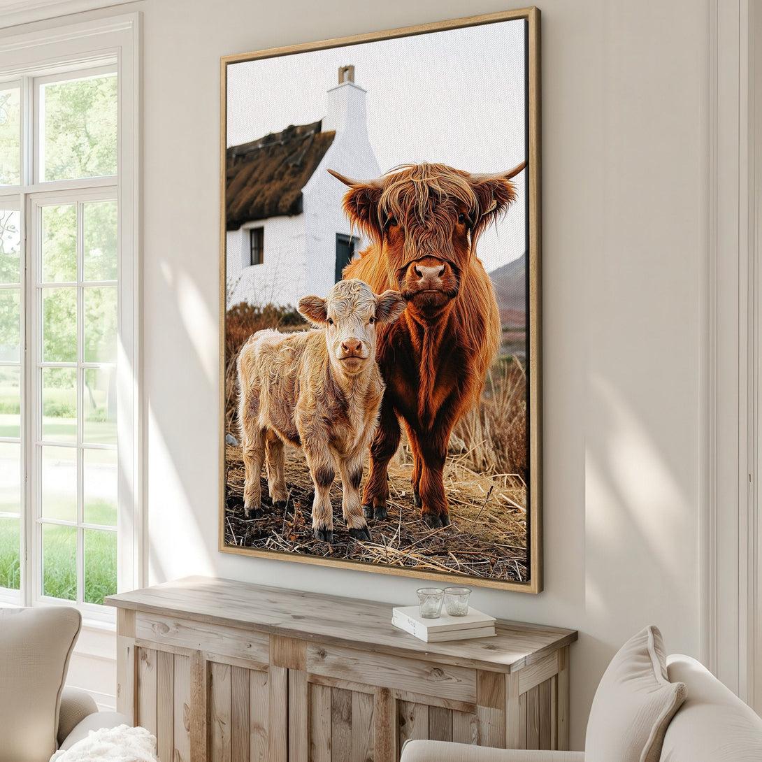 Framed Wall Art: Highland cows in a rustic style, warm brown & beige tones. Perfect farmhouse decor! Canvas print adds cozy charm to any room.