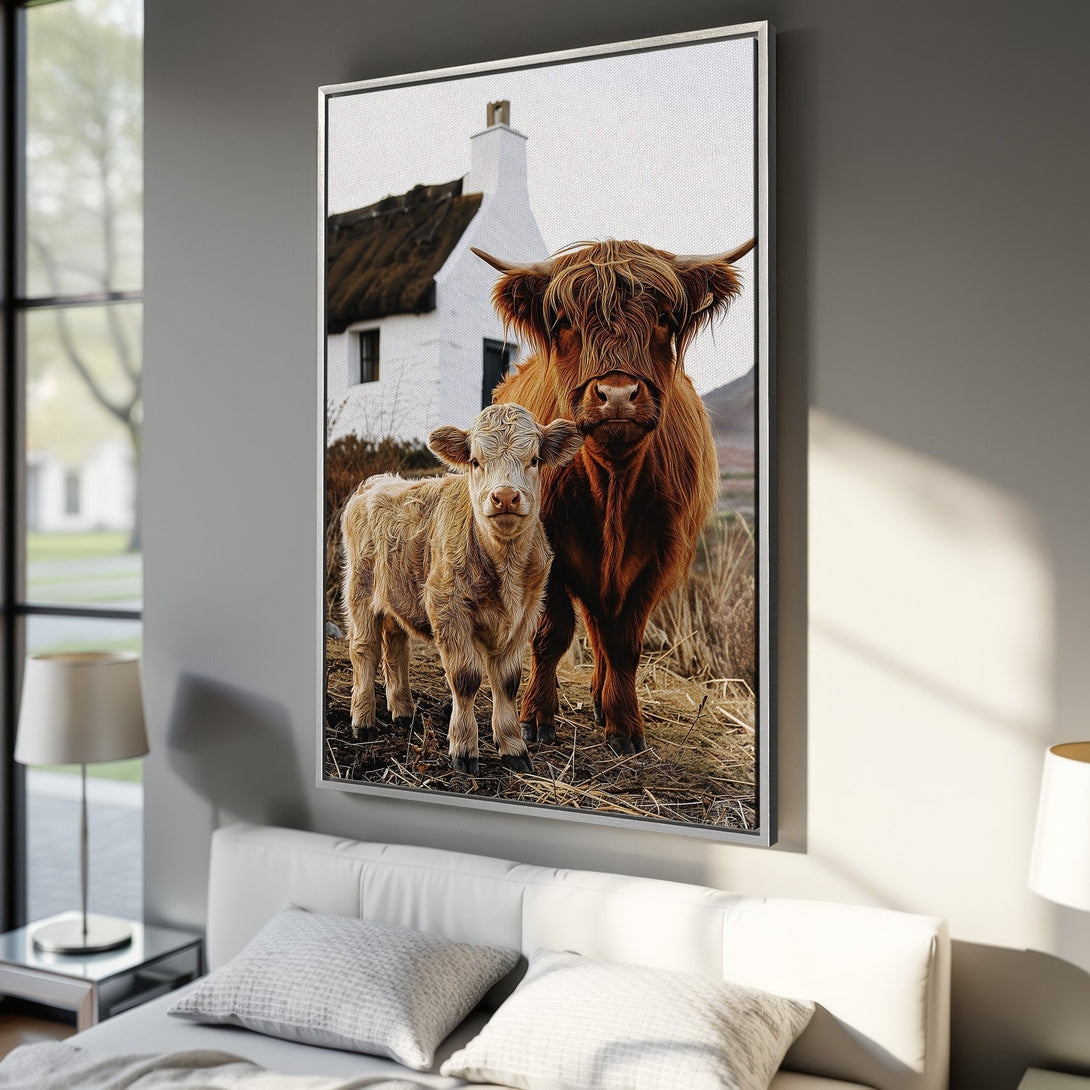 Framed Wall Art: Highland cows in a field. Rustic style, warm brown and beige tones. Perfect for farmhouse decor. Add a touch of nature to your home!