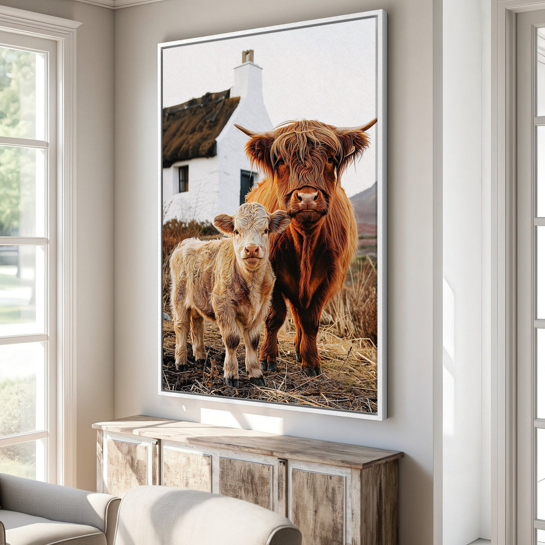 Canvas Print of Highland cows in a rustic style with warm brown and beige tones. Perfect farmhouse wall art.