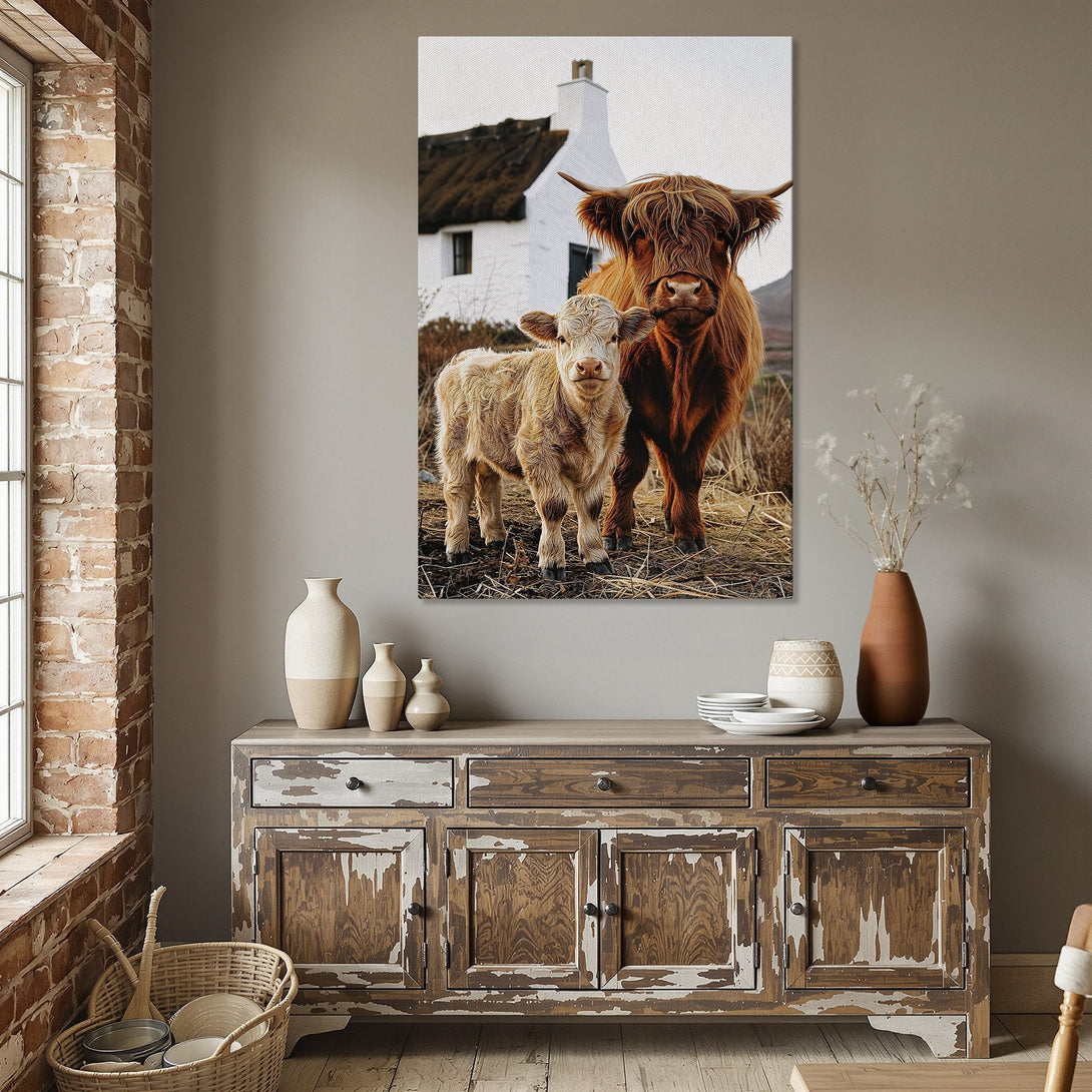 Framed Wall Art: Highland cows in rustic style, warm brown tones. Perfect for farmhouse decor. Shop our Canvas Print collection today!