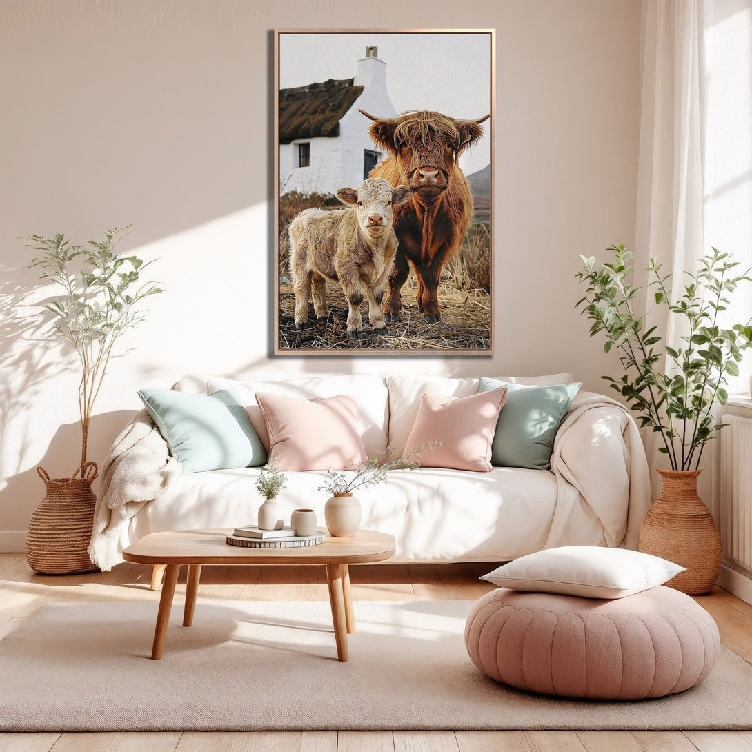 Framed Wall Art featuring Highland cows in a rustic style, warm brown and beige tones. Perfect for farmhouse decor!