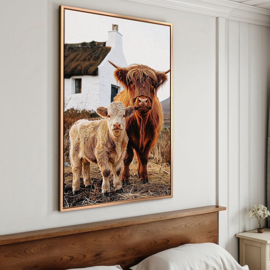 Framed Wall Art featuring Highland cows in a rustic setting. Warm brown and beige tones create a cozy, farmhouse aesthetic for your home decor.