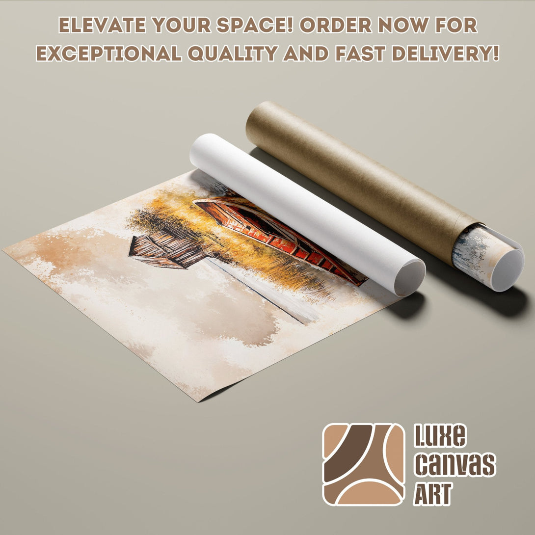 Poster Roll featuring a rustic landscape painting in warm earth tones. Elevate your space with art!