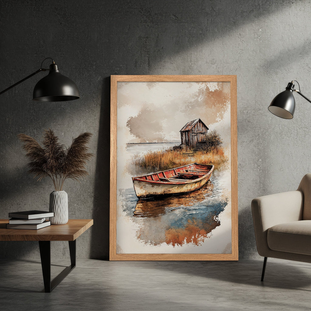 Framed Poster featuring a watercolor-style boat scene with warm, earthy tones. Perfect wall art for a cozy, rustic aesthetic.