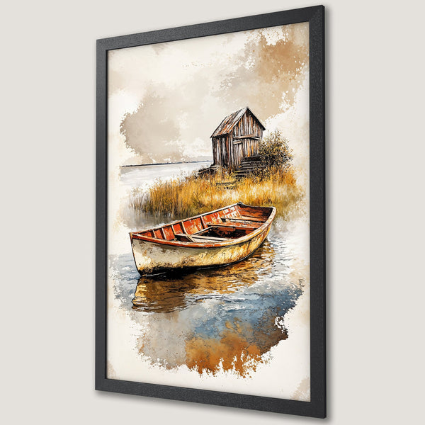 Framed Poster of a boat on water, watercolor style, warm earth tones. Perfect wall art for a cozy home.