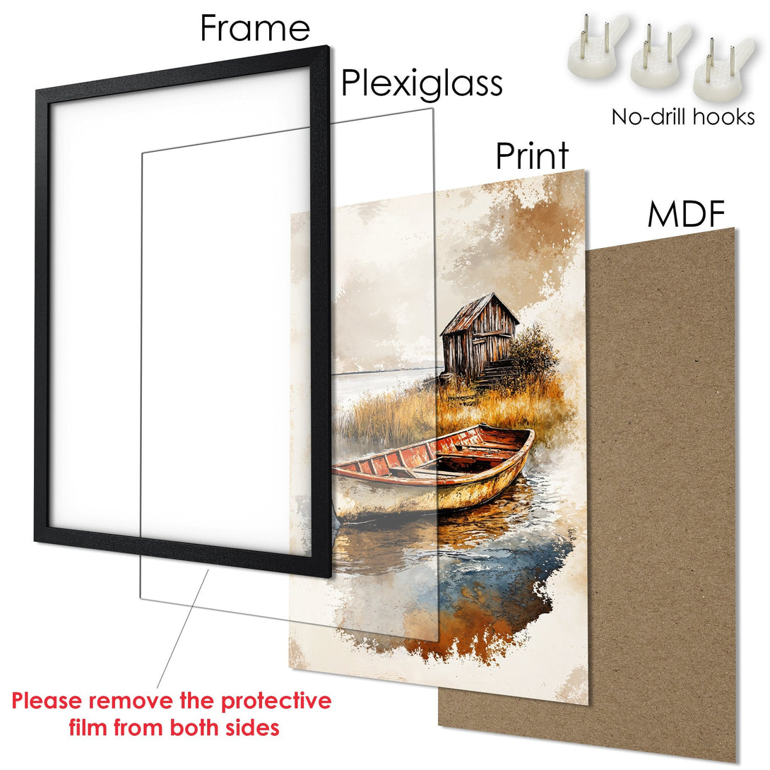 Framed Poster featuring a serene watercolor boat scene in warm, earthy tones. Perfect wall art!