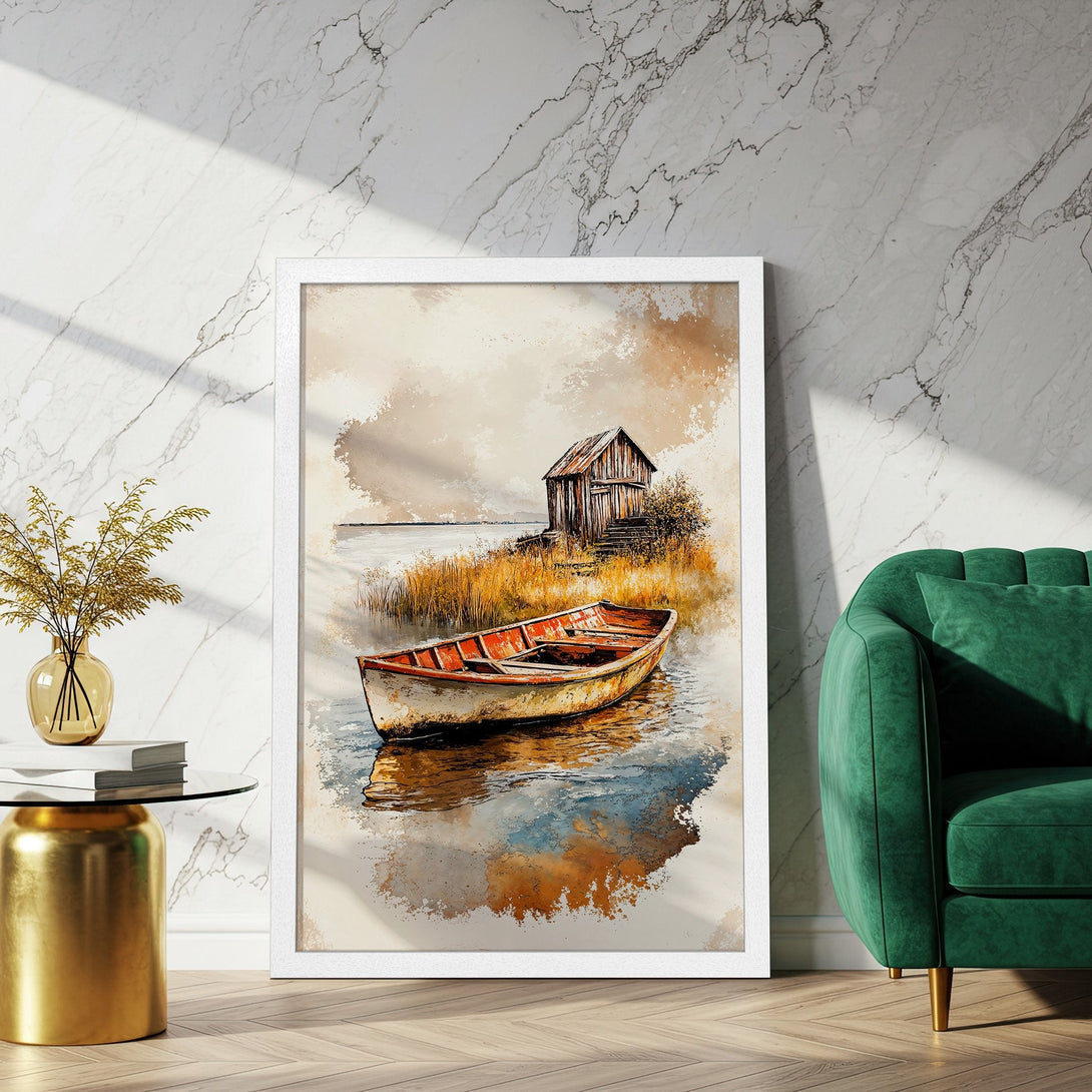 Framed Poster of boat on water, watercolor style, warm earth tones. Enhance your space with this beautiful art print!