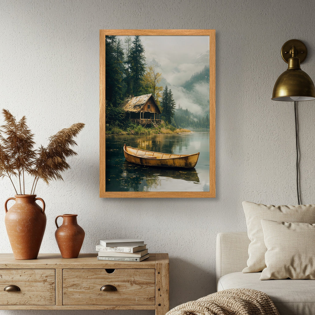 Framed Poster featuring a serene cabin scene with a boat on a lake. Rustic style, earthy tones, and natural color palette. Perfect wall art.