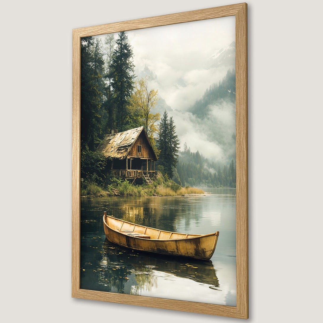 Framed Poster of a serene lake scene with a cabin and boat, in a natural, earthy color palette. Perfect wall art!