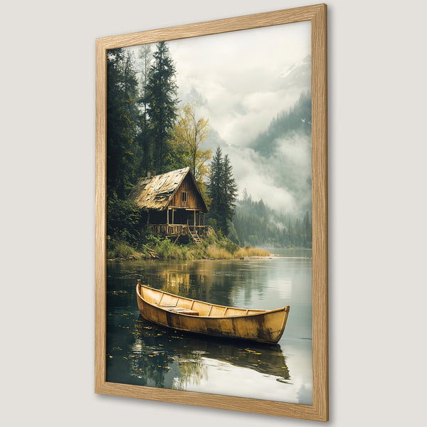Framed Poster of a serene lake scene with a cabin and boat, in a natural, earthy color palette. Perfect wall art!