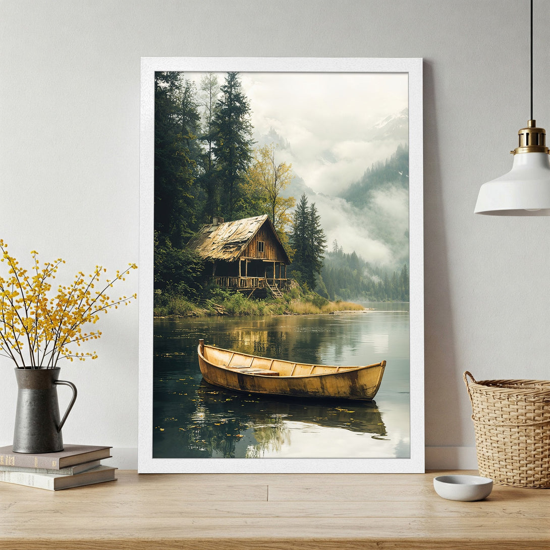 Framed Poster of serene lake scene with cabin and boat. Rustic style, green and yellow color palette. Perfect wall art for your home.