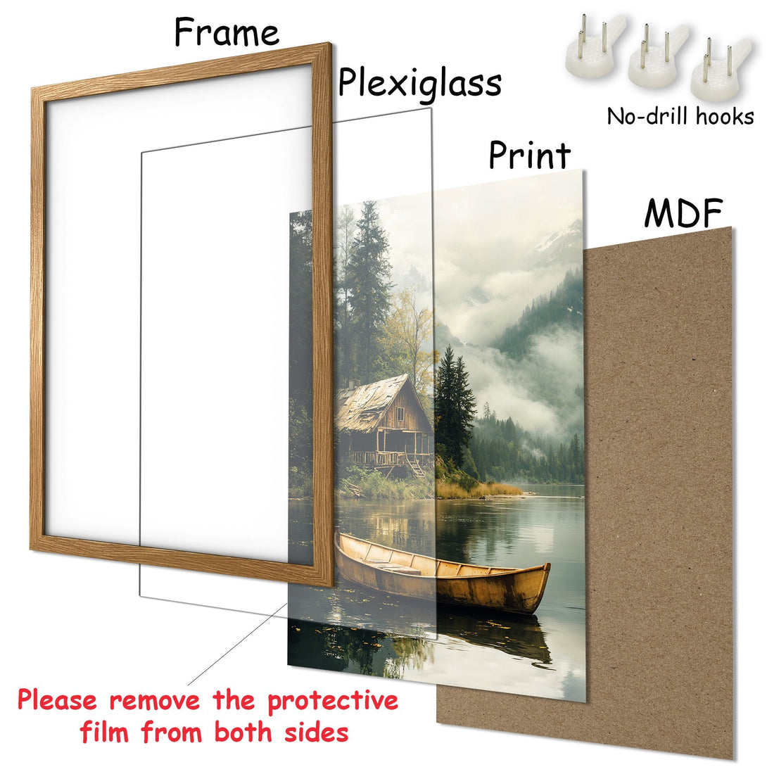 Framed Poster featuring a serene lake scene with a cabin, natural style, and a muted, earthy color palette. Ready to hang!