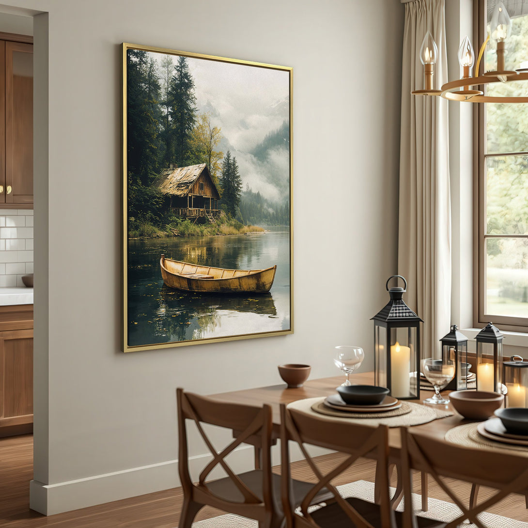 Canvas Print of a serene lake scene with a cabin and boat, featuring a muted green and brown color palette, perfect for rustic decor.