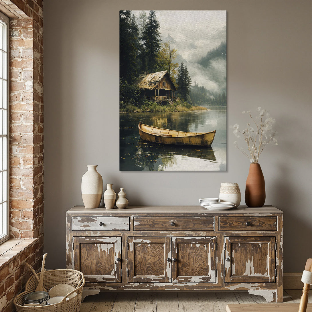 Framed Wall Art: Serene lake scene Canvas Print with cabin & boat. Earthy tones & moody style. Perfect for rustic decor.