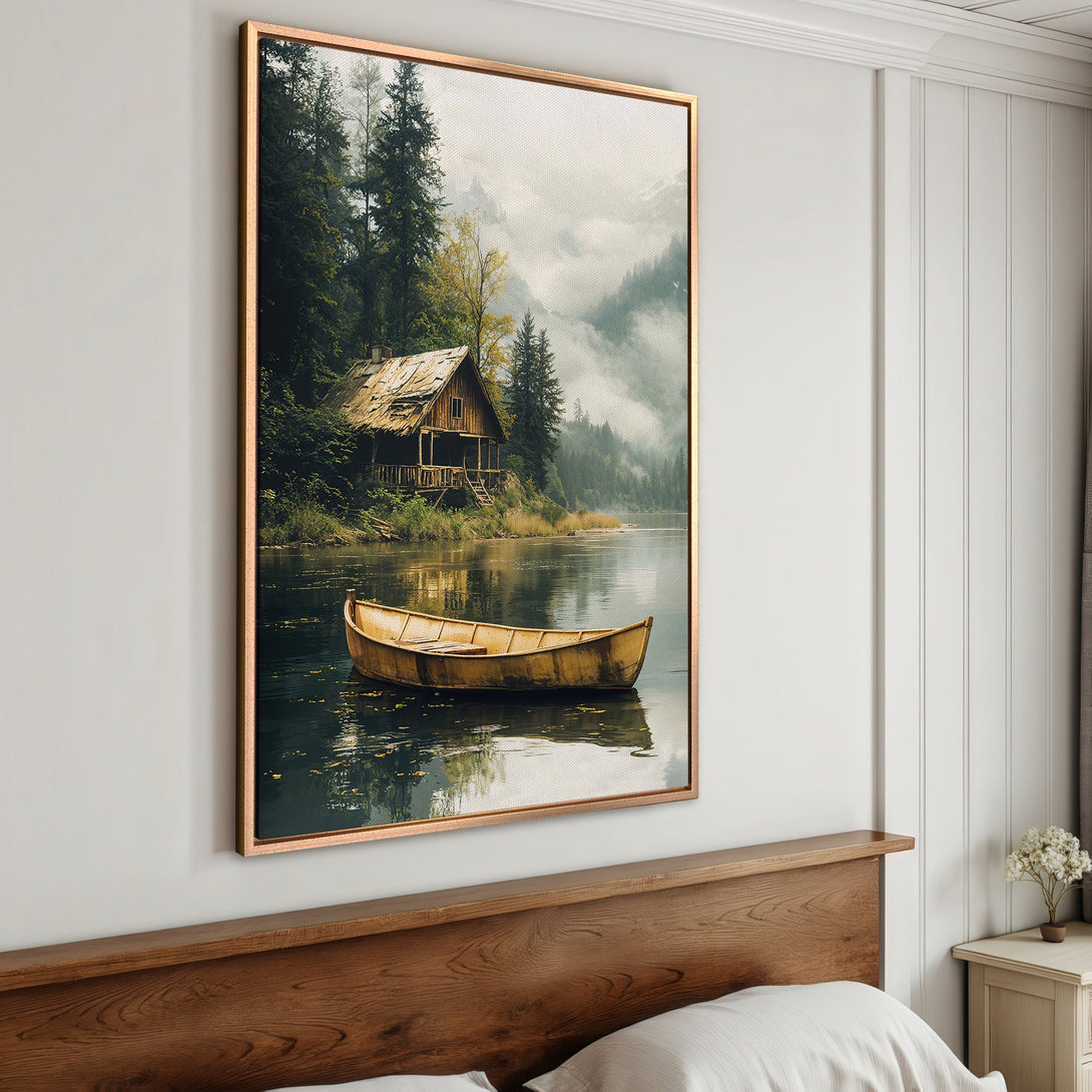 Framed Wall Art featuring a serene cabin scene with a yellow boat on a lake. Earthy tones of green, brown, and gold create a calming aesthetic. Perfect for any space!