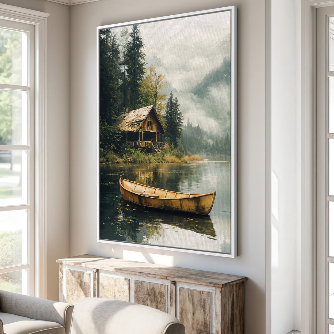 Canvas Print of a serene lake scene with a cabin and boat, featuring a muted green and brown color palette. Perfect for rustic decor.