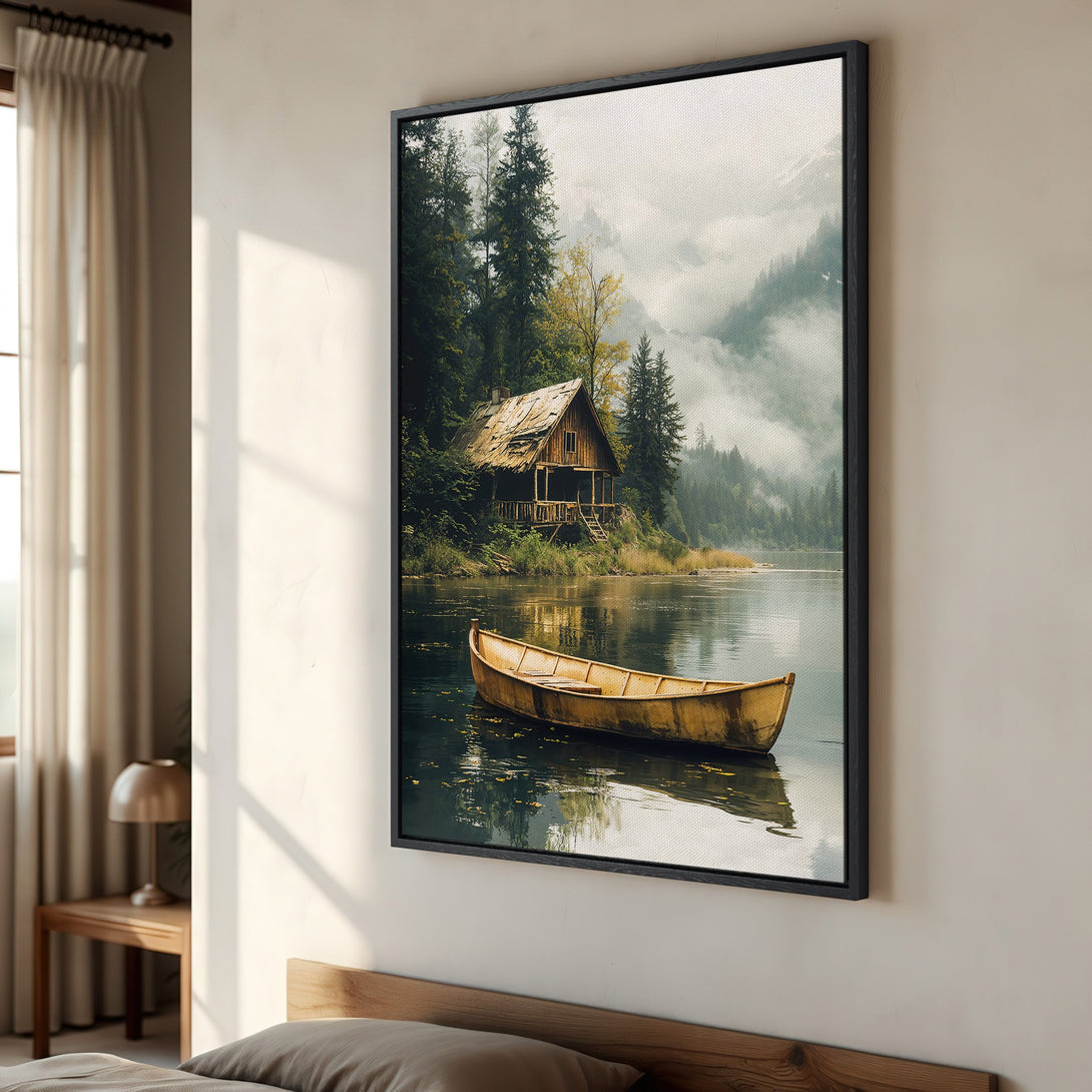 Framed Wall Art: Serene cabin scene Canvas Print. Rustic cabin by lake with yellow canoe. Earthy tones and nature-inspired decor for your home.