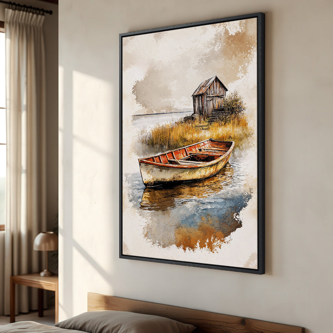 Framed Wall Art: Watercolor boat scene in warm earth tones. Coastal art print perfect for adding a touch of serenity to any space.