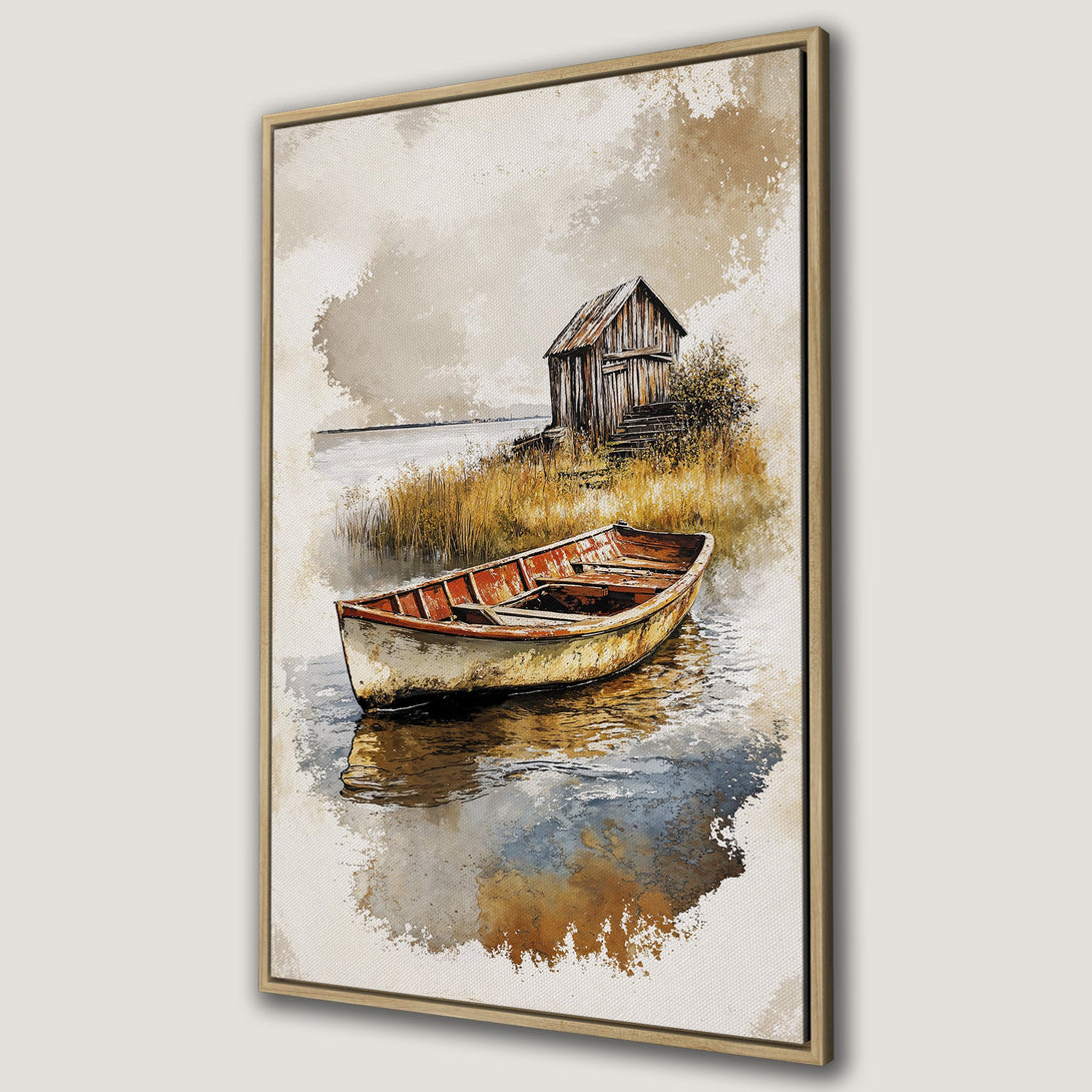 Framed Wall Art featuring a tranquil watercolor scene of a boat on the water. Earthy tones and a rustic cabin create a calming, artistic vibe. Perfect for any home!