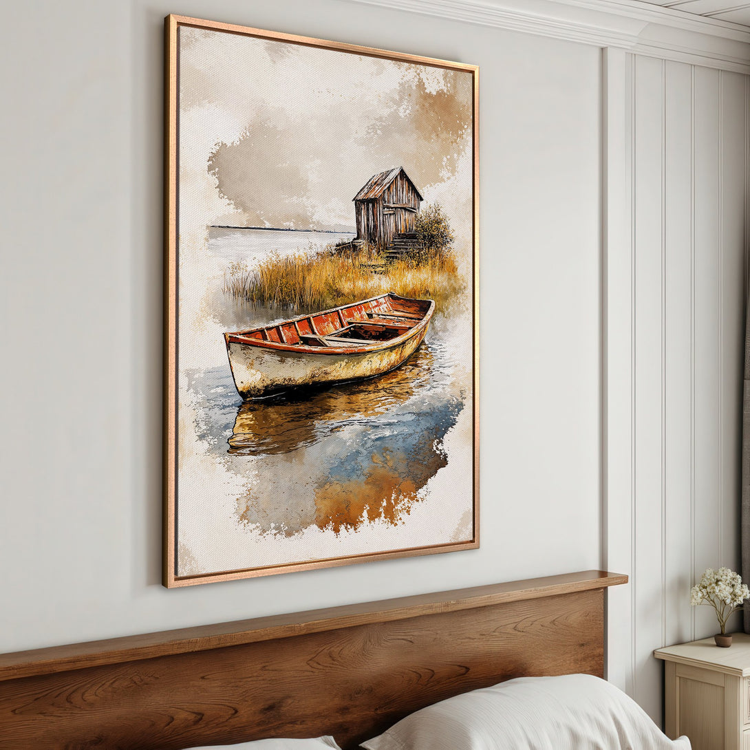 Framed Wall Art: Watercolor boat scene in warm, earthy tones. Rustic cabin & boat on the water. Perfect for adding a touch of nature to your home.