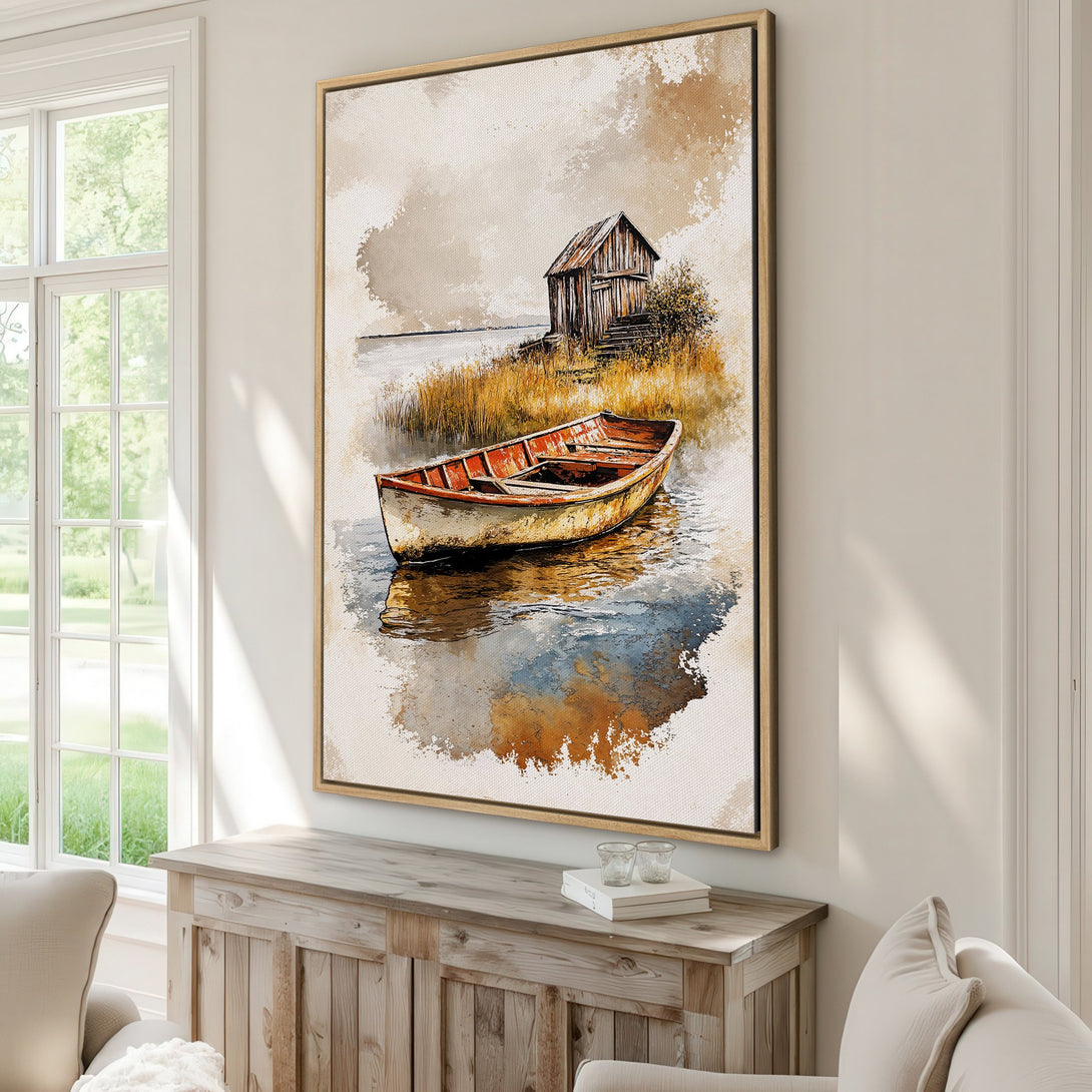 Framed Wall Art: Watercolor boat scene in warm earth tones. Coastal art print perfect for adding a touch of serenity to your home decor.