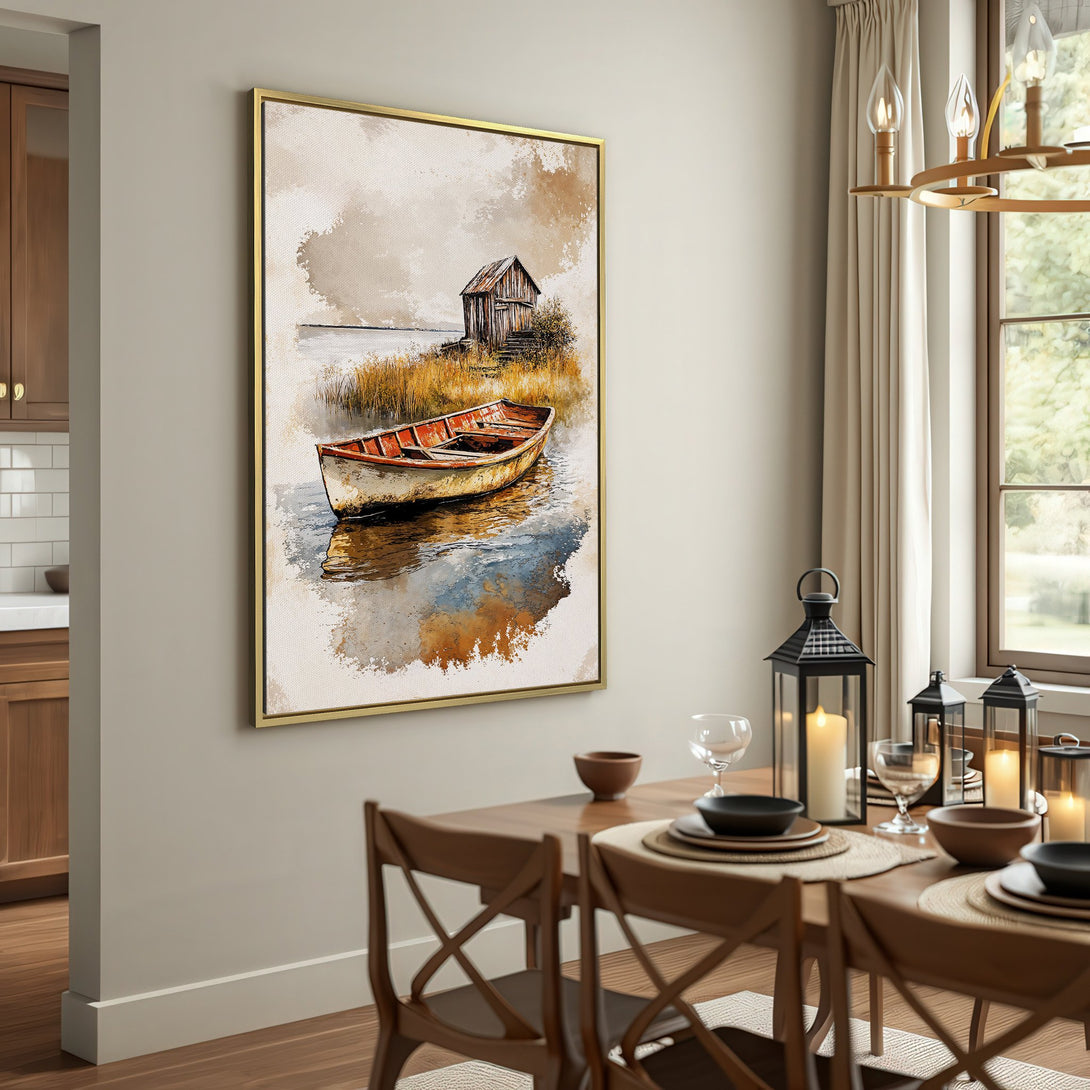 Canvas Print of a boat scene in watercolor style. Earthy tones of brown, beige, and blue create a serene, rustic aesthetic.