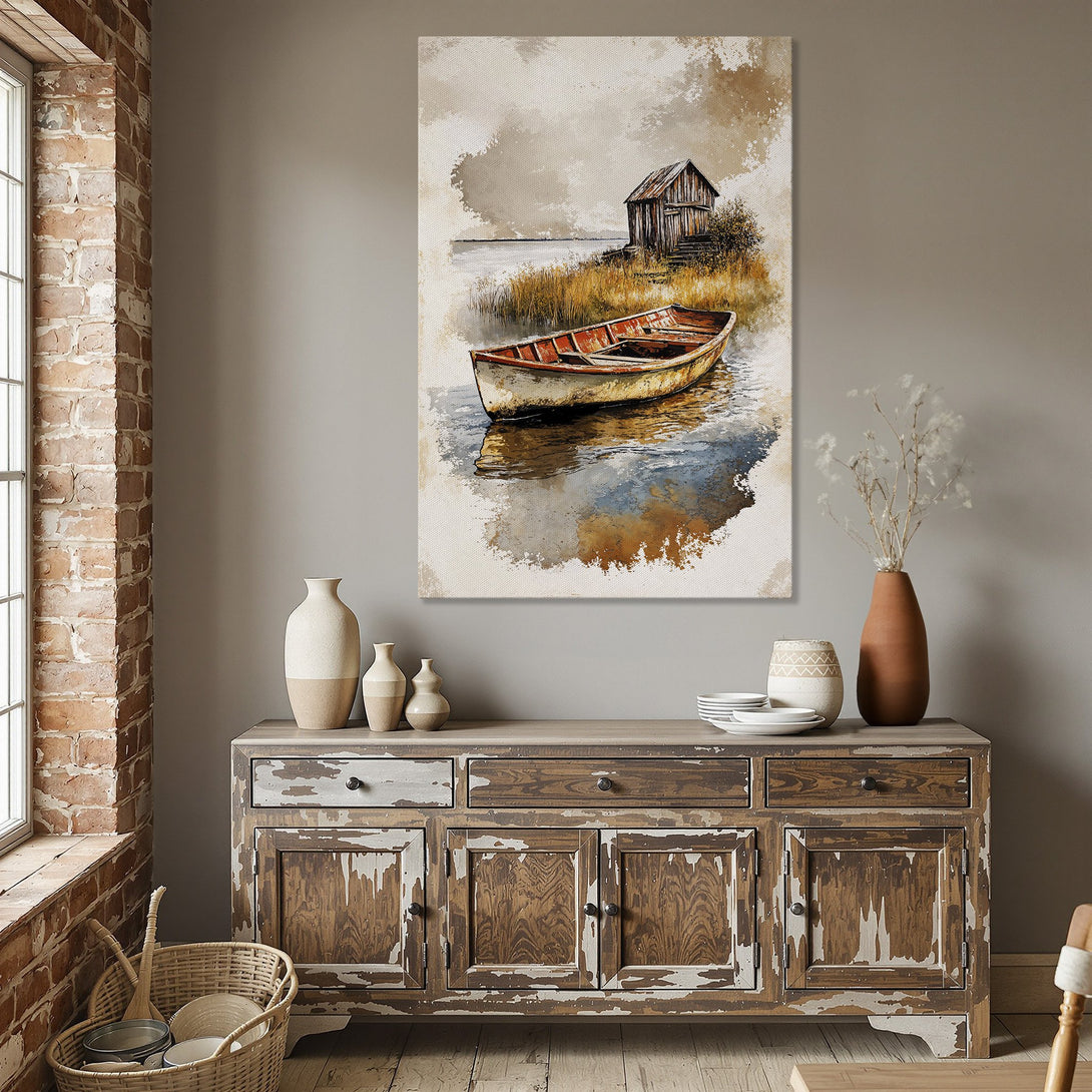 Framed Wall Art: Watercolor boat scene in warm tones. Rustic farmhouse decor with a serene, neutral color palette. Perfect for living rooms or dining areas.